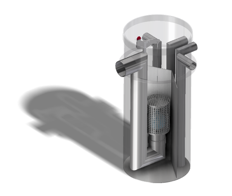A 3D drawing of an oil separator, using multiple compartments for a better separation of the oil and water.