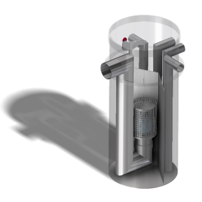 A 3D drawing of an oil separator, using multiple compartments for a better separation of the oil and water.